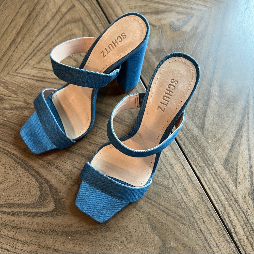 SCHUTZ Blue Denim Block Heel Sandals